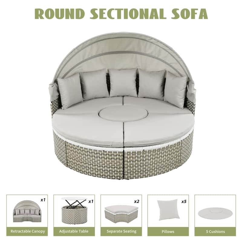 Round Wicker Outdoor Day Bed with Retractable Canopy