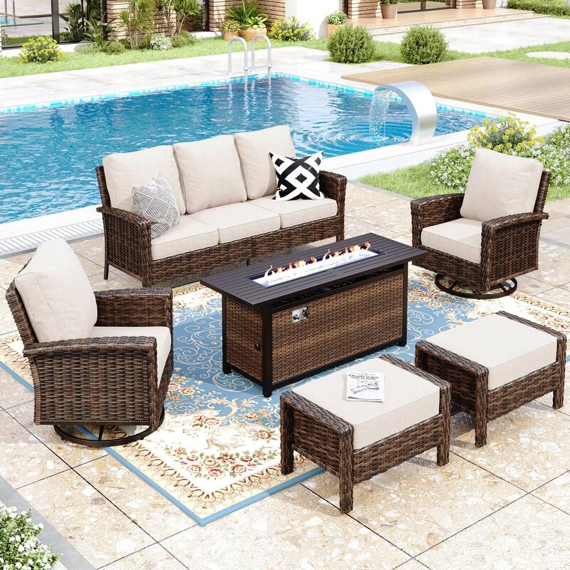 MAISON ARTS Patio Wicker Sofa Conversation Set with 50,000 BTU Fire Pit Table , Oversize Seat with 5.5'' Thick Padded Cushion - 7-Seats - Beige