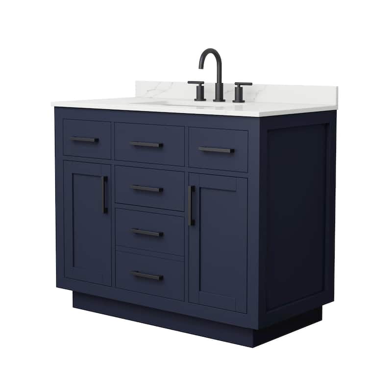 Beckett TK 42-inch Single Vanity, 3 Hole Quartz Top - Dark Blue, Black Trim, Giotto Quartz Top