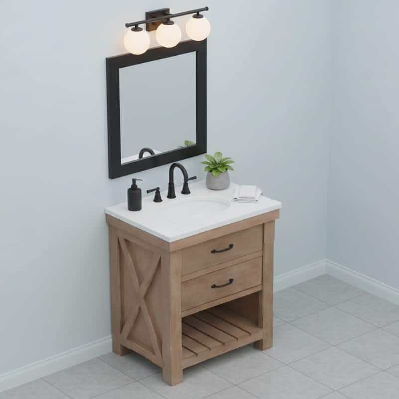 Deluxe natural finish vanity with 30 mm white marble top