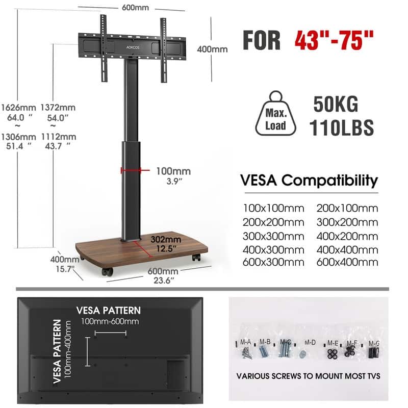 AOKCOS Modern Rolling TV Stand with Wheels for 43 to 75 inch TVs