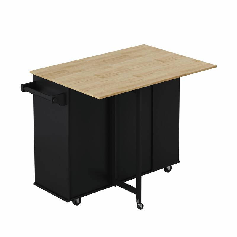 Kitchen Island Cart, 2-Door Cabinet, Dual Drawers, Spice Rack, Towel Holder, Wine Rack, Foldable Rubberwood Table