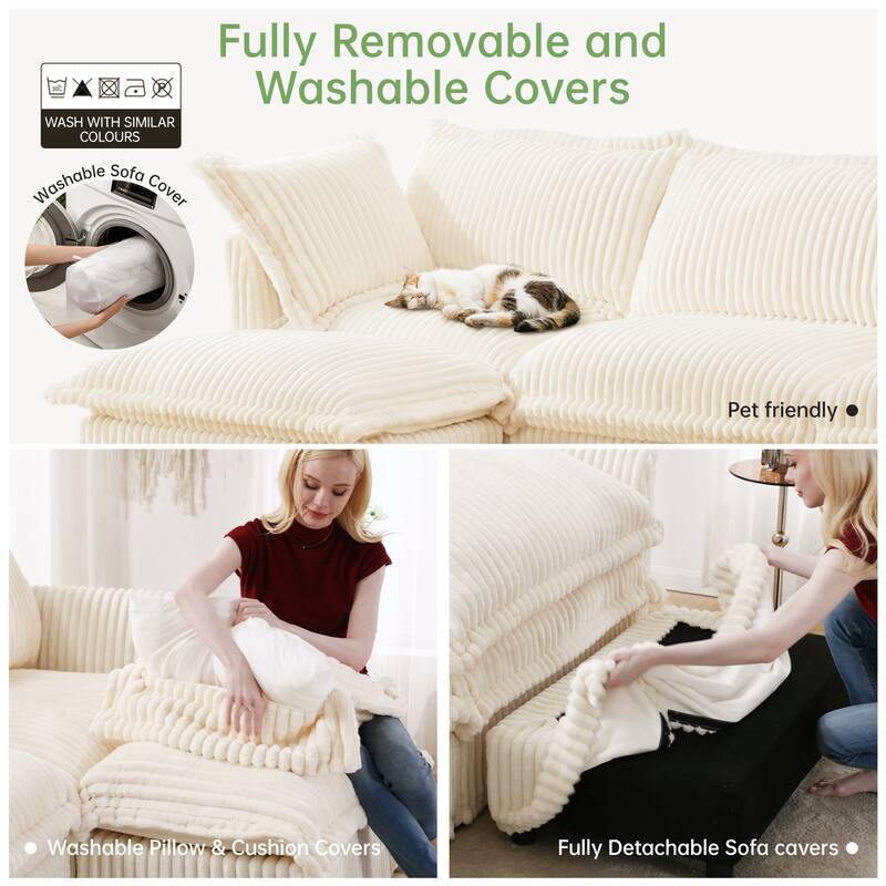 Slipcovered 4-Seater L-Shape Corduroy Sectional Sofa Couch with Armrests & 2 Big Pillows