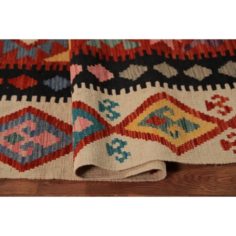 Geometric Kilim Reversible Area Rug Hand-Woven Orange Wool Carpet - 8'3"x 11'0"