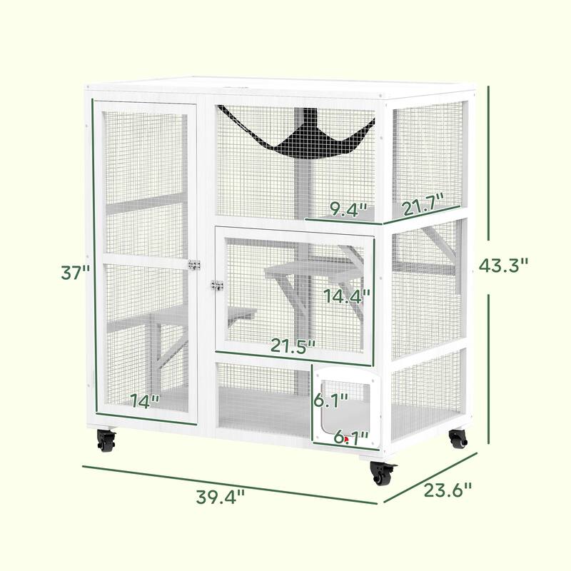 PawHut Large Cat House, Indoor / Outdoor Wooden Cat Catio on Wheels, Cat Enclosure with Platforms, Hammock, Cat Flap Door