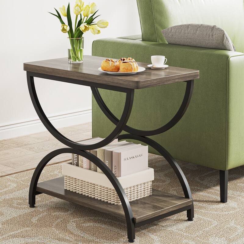 2-Tier Rectangular Wood Metal End Side Chairside Table - 1-Piece - Brown Grey+Black