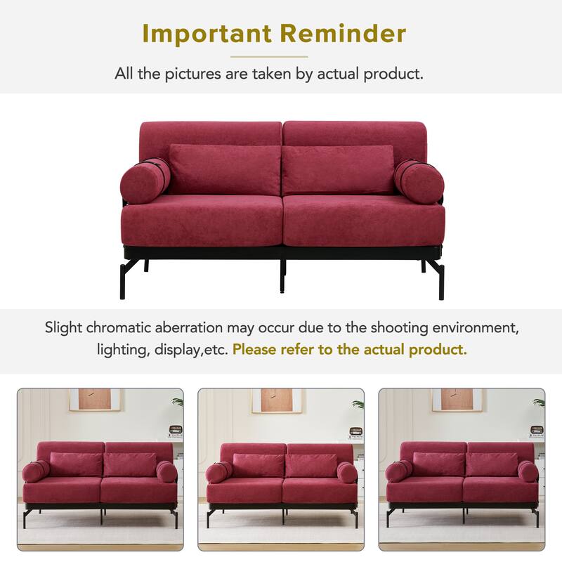 Chenille Loveseat Sofa, 59" 2 Seater Sofa with USB Ports, Round Arms, Adjustable Faux Leather Straps for Living Room