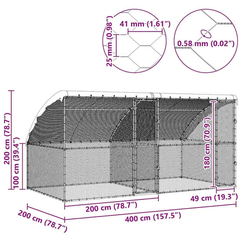 vidaXL Chicken Cage Silver 400/600/800 x 200 x 198.5 cm Galvanized steel
