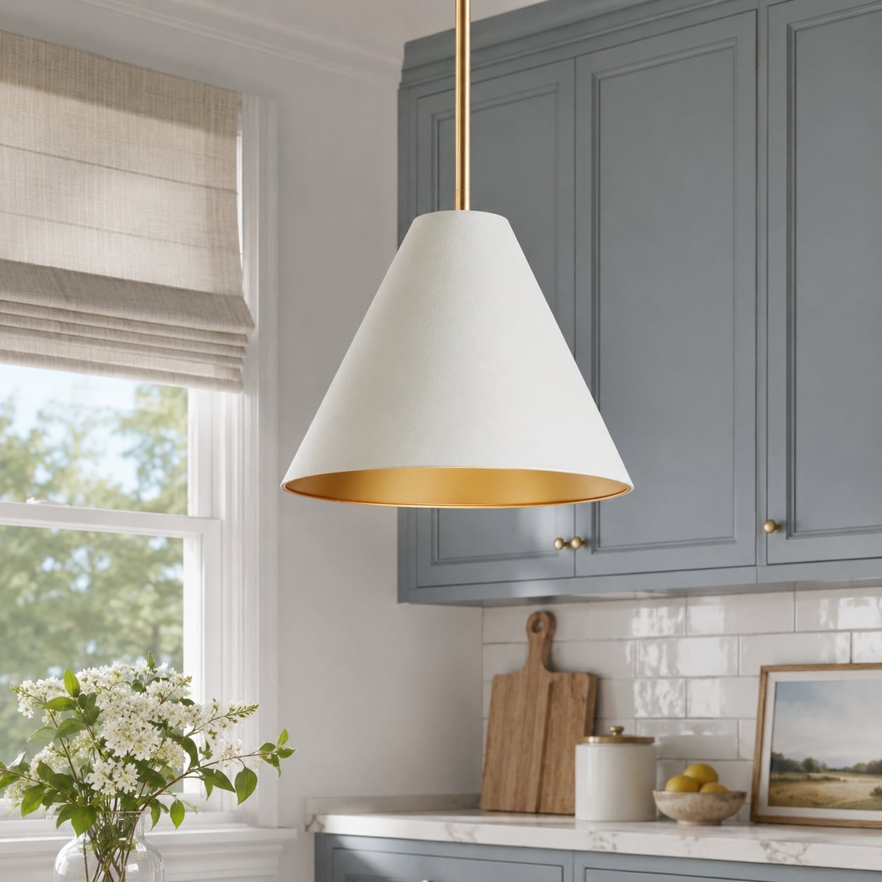 Modern Glam White Gold 1-Light Pendant Light Cone-Shaped Gold Island Lamp for Dining Room - 9.8 " D × 7.1 " H