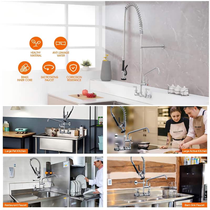 PROOX Wall Mount 25" Commercial Kitchen Faucet with Pre-Rinse Sprayer - 25