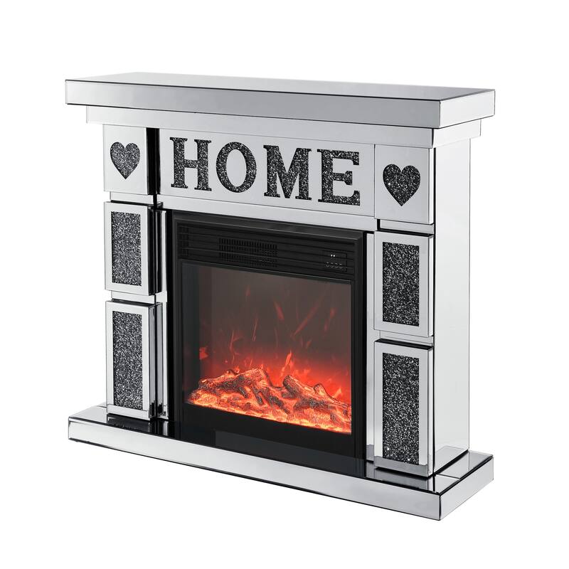 Freestanding Silver TV Fireplace Cabinet with 3D Realistic LED Flames, Acrylic Crystal Design, and Remote Control