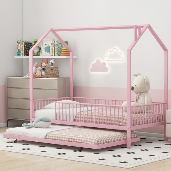 slide 2 of 17, Contemporary Mordern Design Twin Size House Platform Bed,Solid Metal Bed with Trundle,Semi-Enclosed Fence