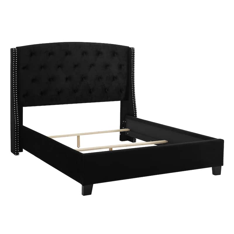 Queen Size Fabric Upholstered Platform Bed with Button-Tufted Headboard and Nailhead Trim