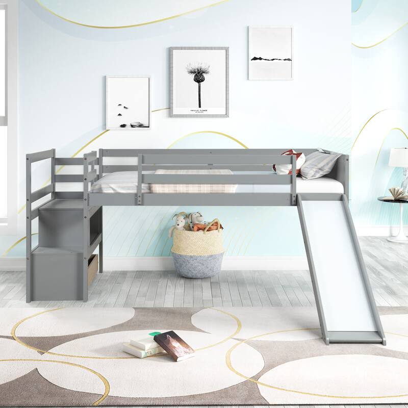 Twin Size Loft Bed with Slide and Storage, Wooden Low Loftbeds Frame