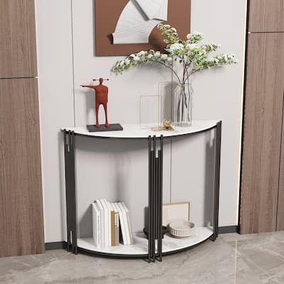 Half Moon Tiered Marble Effect Entry Console Table Hallway Entryway Furniture - 32.09x12.6x32.28''