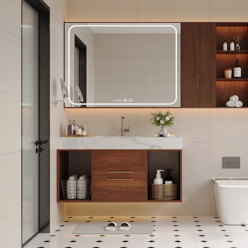 39.4"Floating Bathroom Vanity with Ceramic sink,Wall Mounted Vanity 2 Soft Close Drawer and white Slate top - Walnut+White
