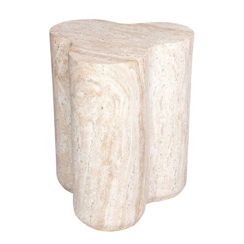 Clover Travertine Stone Finish Italian Design MgO Side Accent Table - 14.4"x13.8"x17.8"