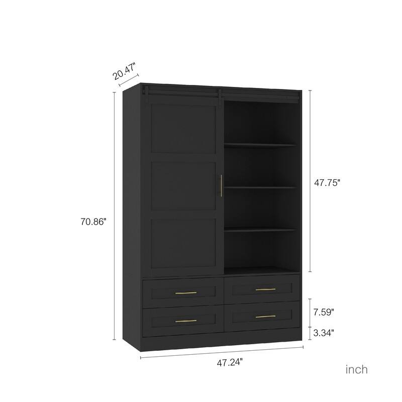 Tall Bedroom Armoire Wardrobe Closet Clothing Storage Cabinet with Hanging Rod Barn Door Drawers Open Shelves