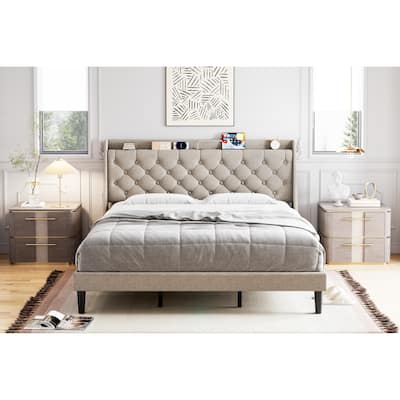 Bed Frame with Charging Station and Storage Shelf