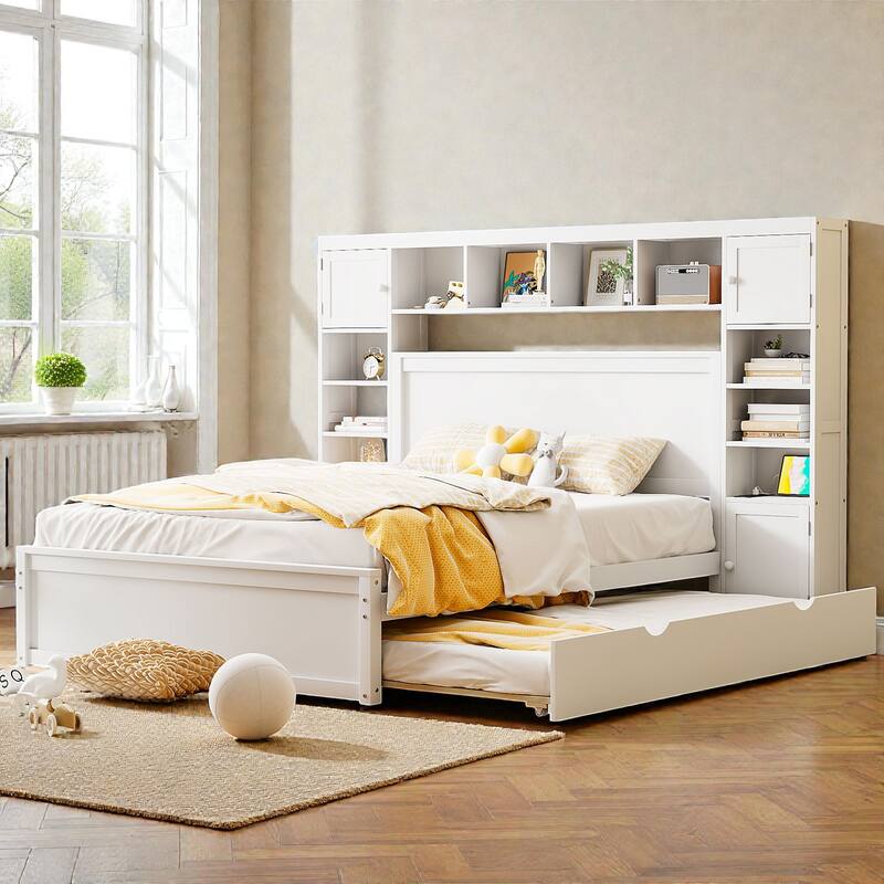 Wooden Platform Bed with Storage Headboard, Drawers, Twin Trundle and Built-In Outlets - White - Queen