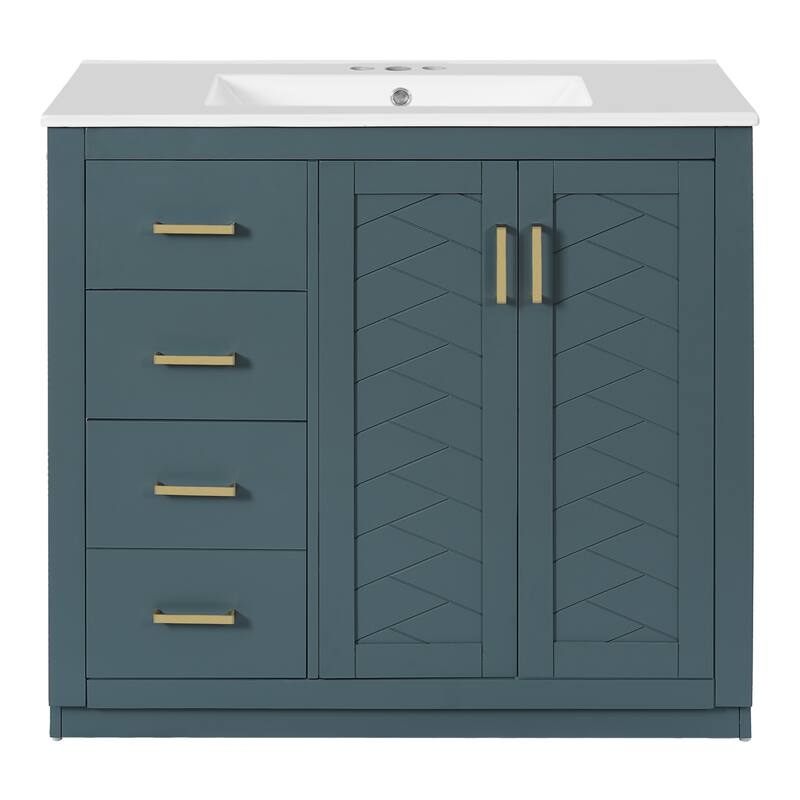 36'' Bathroom Vanity with Ceramic Sink Combo, Solid Wood Frame Bathroom Storage Cabinet with 3 Drawers& Soft Closing Doors