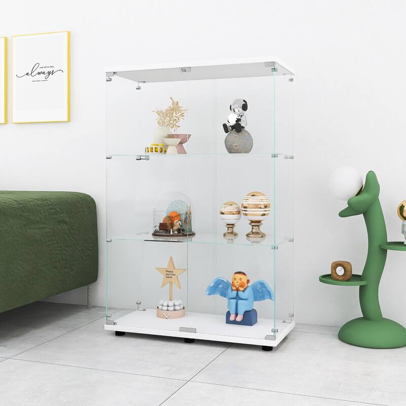 One-Door Glass Display Cabinet with 3 Shelves, Floor Standing Curio Bookshelf with Tempered Glass for Living Room Bedroom Office