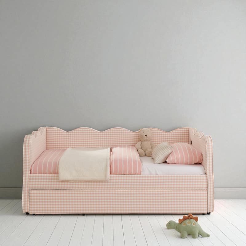 Twin Size Gingham Daybed with Trundle, USB Port, Wave Design, No Box Spring Needed, Linen Upholstered Sofa Bed