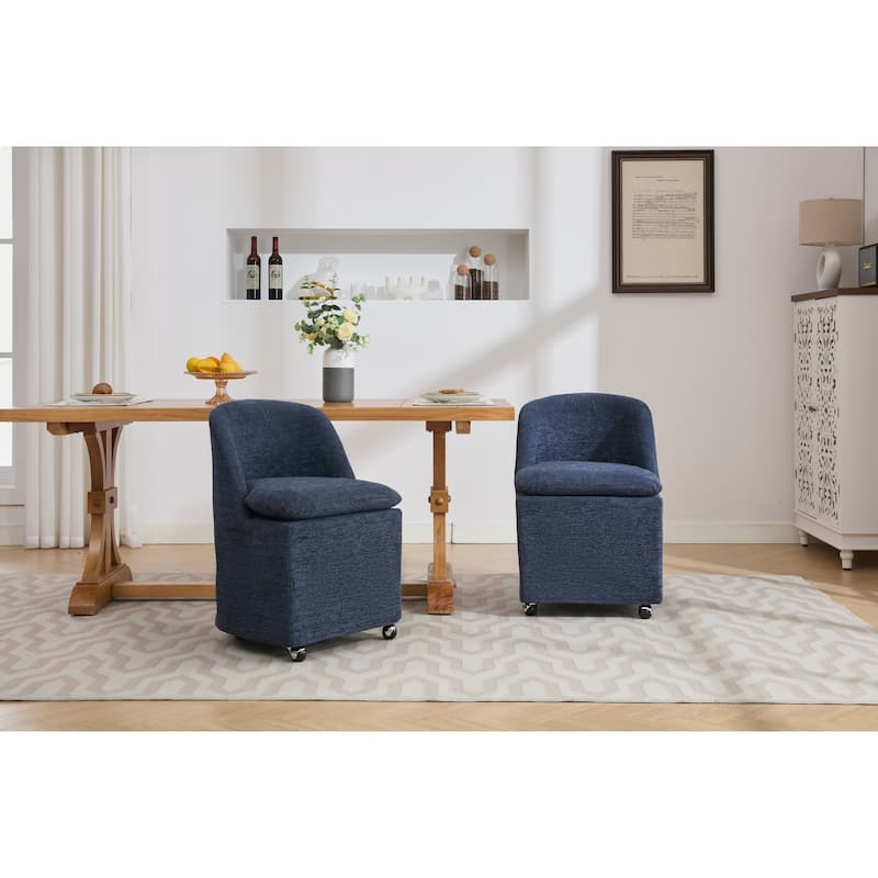 Set of 2 Chenille Fabric Dining Chairs With Universal Wheels,Blue