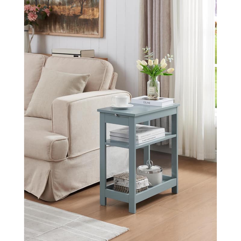 Slim Wood Side End Table with Storage Shelves & Pull-Out Tray, Nightstand for Bedroom, Living Room - 20"L x 11"W x 24"H