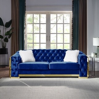 Blue Classic 90" Velvet Chesterfield Tufted 3 Seater Sofa with Gold ...