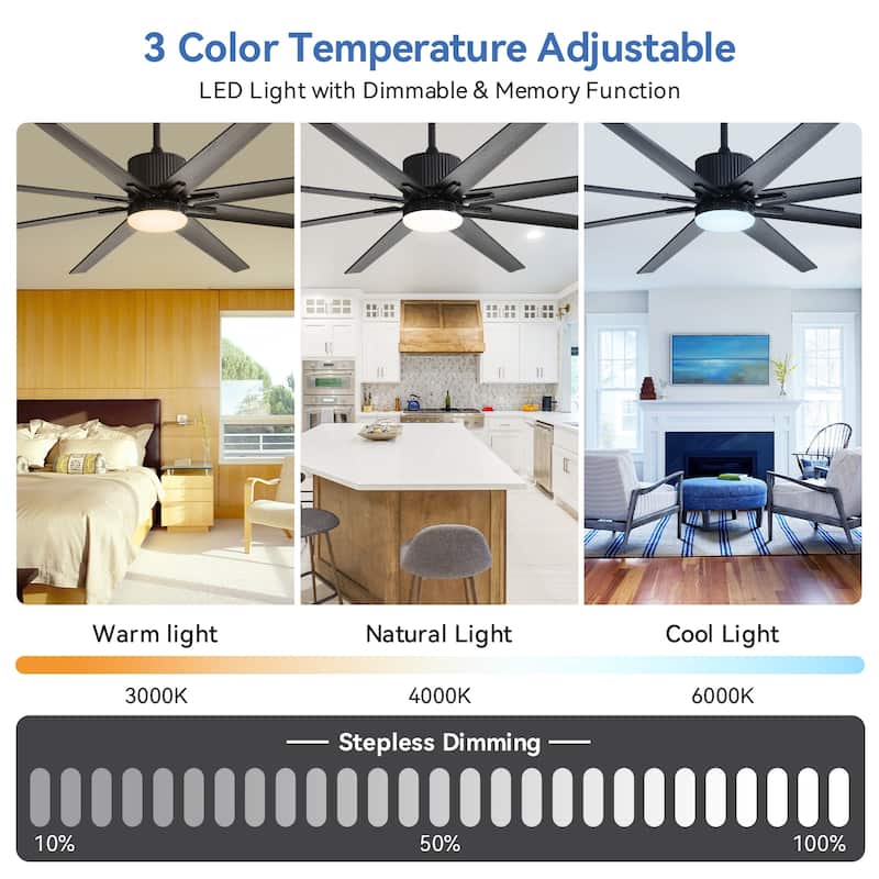 52"/66"/72"/76 Inch Modern Ceiling Fan with Dimmable LED Light ,Remote&APP Control,8 Blades for Large Living Room,Porch