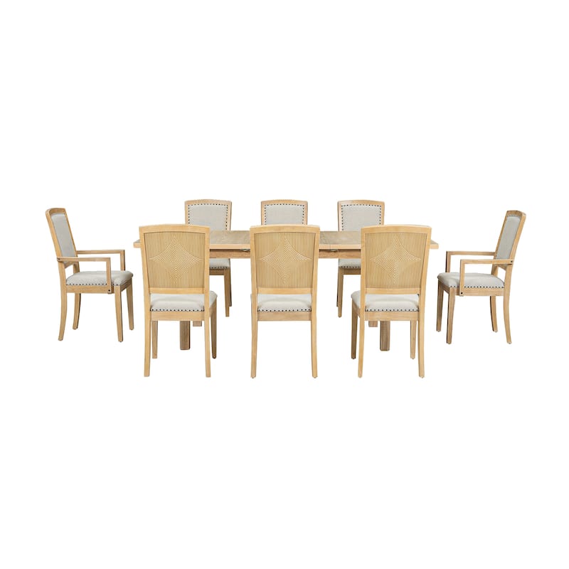 Roomfitters Rustic Extendable 9-Piece Dining Table Set with 24" Leaf, Upholstered Armless and Padded Arm Chairs