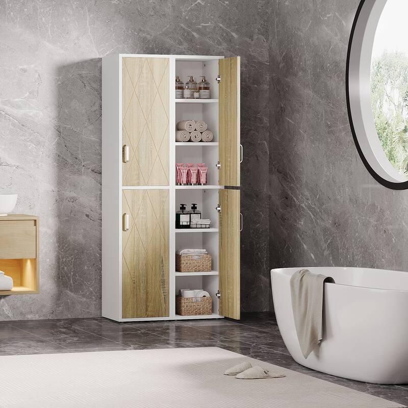 75.39" White/ Nature Wooden Bathroom Cabinet with Doors and Shelves