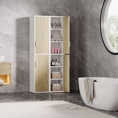 75.39" White/ Nature Wooden Bathroom Cabinet with Doors and Shelves