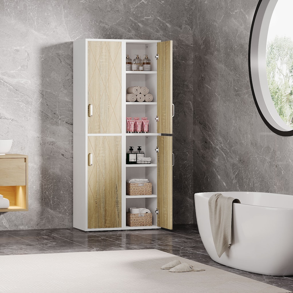 75.39" White/ Nature Wooden Bathroom Cabinet with Doors and Shelves