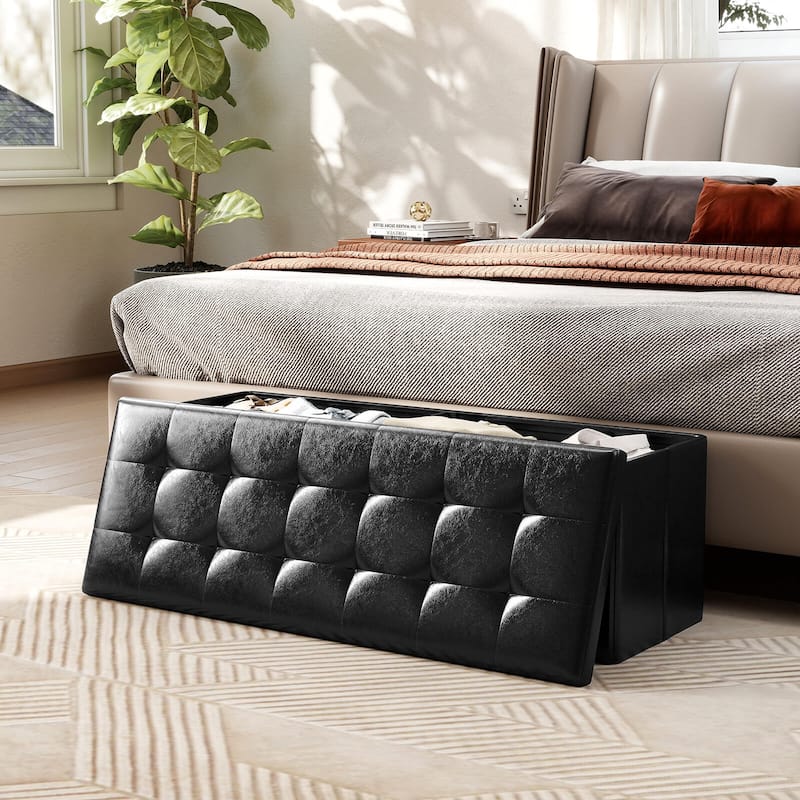 Costway 43 Inches Folding Storage Ottoman Bench with Side Pocket