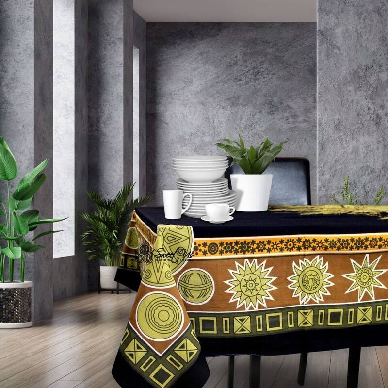 Sun Goddess Cotton Tablecloth Rectangle Midnight Gold Dining Linen - Yellow - 88 x 104 inches