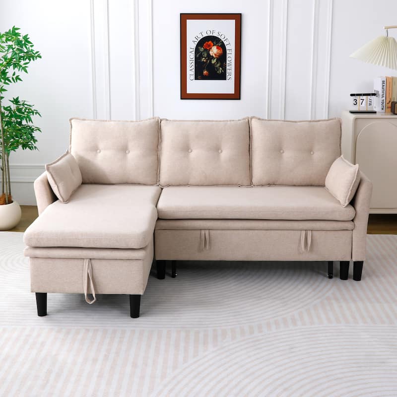 L-shaped Reversible Chaise Sectional Sofa with Storage and Side Pocket - Beige