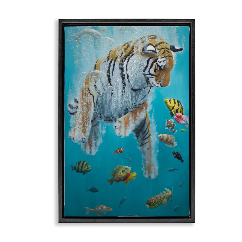 Stupell Swimming Tiger Among Fish Framed Floater Canvas Wall Art Design By Heather Gauthier - 21 x 31 - Black
