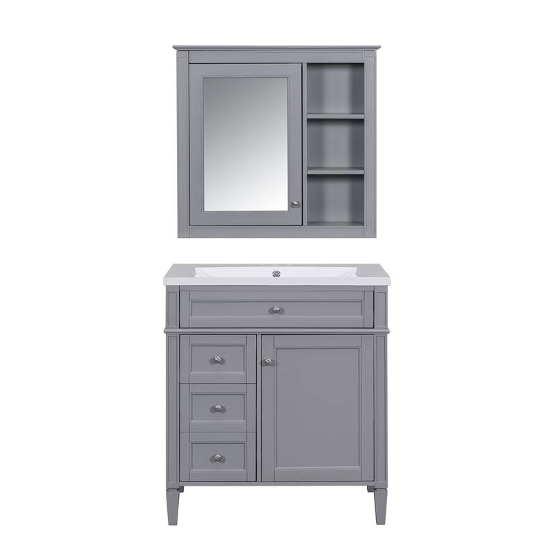 Modern 30" Bathroom Vanity Set with Mirror Cabinet, Ceramic Sink, 2 Drawers & Tip-Out Drawer for Storage