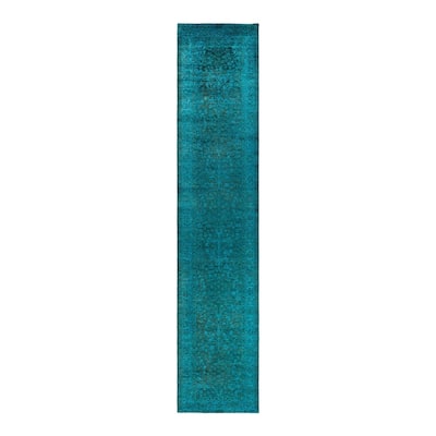 Overton Hand Knotted Wool Vintage Inspired Modern Contemporary Overdyed Blue Runner Rug - 3' 2" x 15' 1"