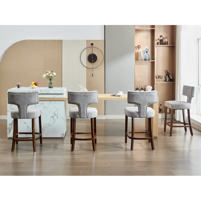 Counter Height Bar Stools Set of 2, Farmhouse Linen Fabric Upholstered Accent Chair Curved Backrest with Copper Nails around