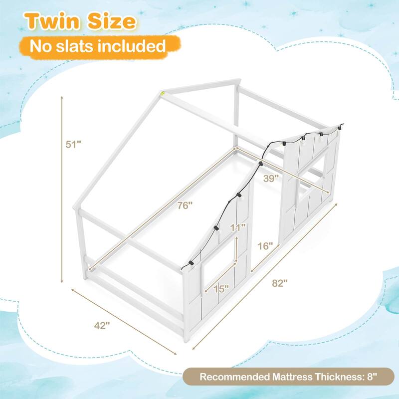 Costway Twin Size House Floor Bed with LED Lights Solid Wood Bed Frame