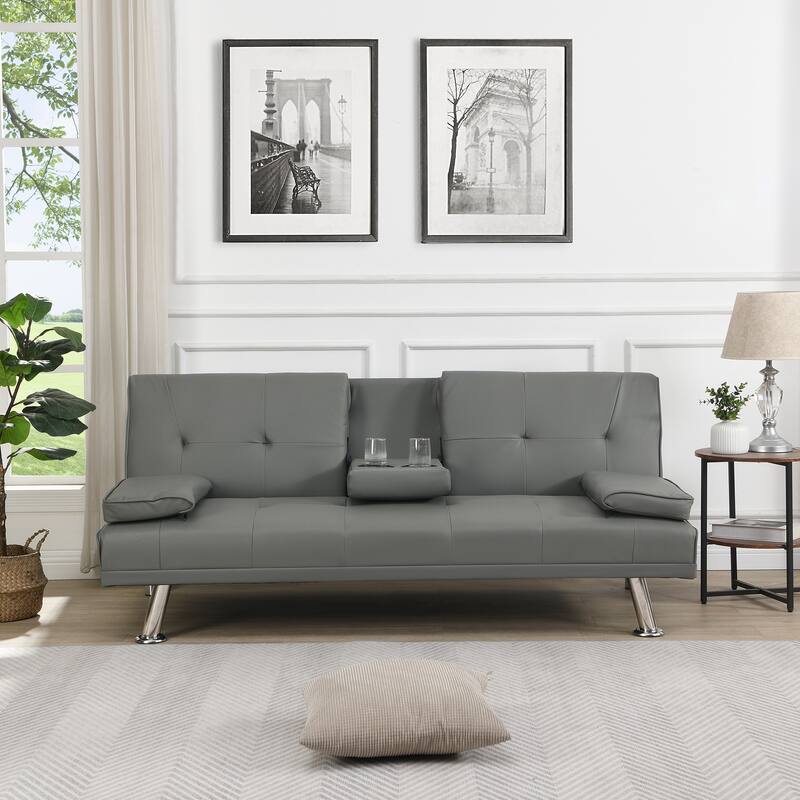 2-Seat Leather Sofa Bed with Armrests, Stainless Steel Legs, Wood Frame, Reclining Futon for Living Room, Office, Bedroom - Gray