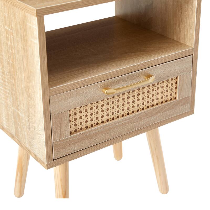 15.7" Rattan Nightstand, Living Room Brown Storage Cabinet, End Table Side Table for Bedroom with Drawer and Solid Wood Legs