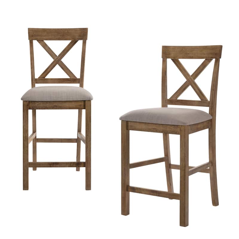 HomeRoots Set of Two 26" Tan and Oak Linen and Solid Wood Counter Height Bar Chairs