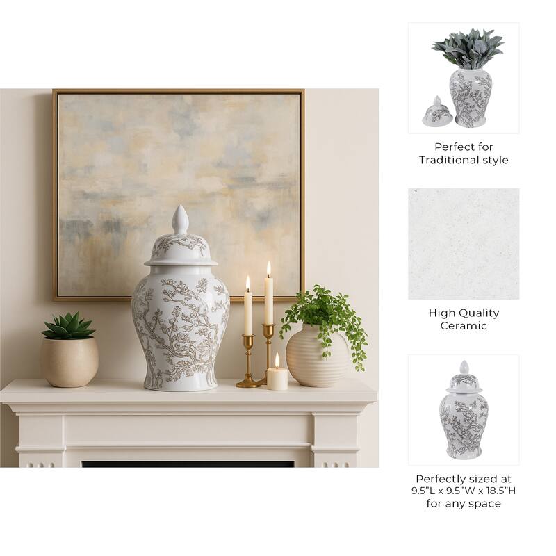 Decorative Ceramic Cherry Blossom Temple Jar with Lid - White & Brown
