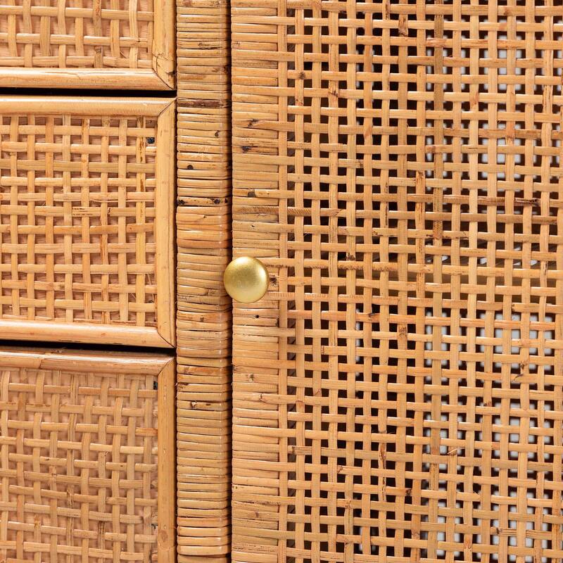Vivan Bohemian Honey Rattan and Mahogany Wood 3-Drawer Storage Cabinet