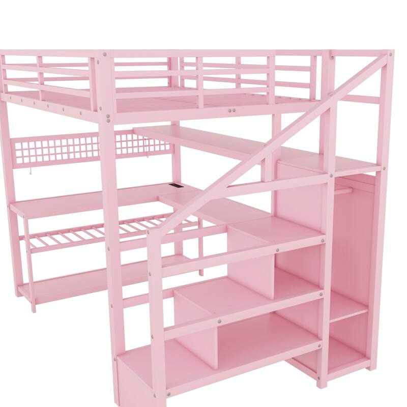 Full Size Metal Loft Bed with Staircase, Wardrobe, Desk, Storage Shelves, LED Lights, and Charge Station, Pink