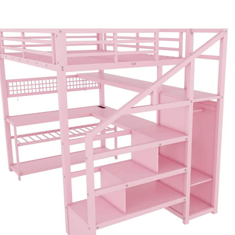 GDF Studio - Bayard Modern Full Size Metal Loft Bed with Staircase, Desk, Storage & LED Lights